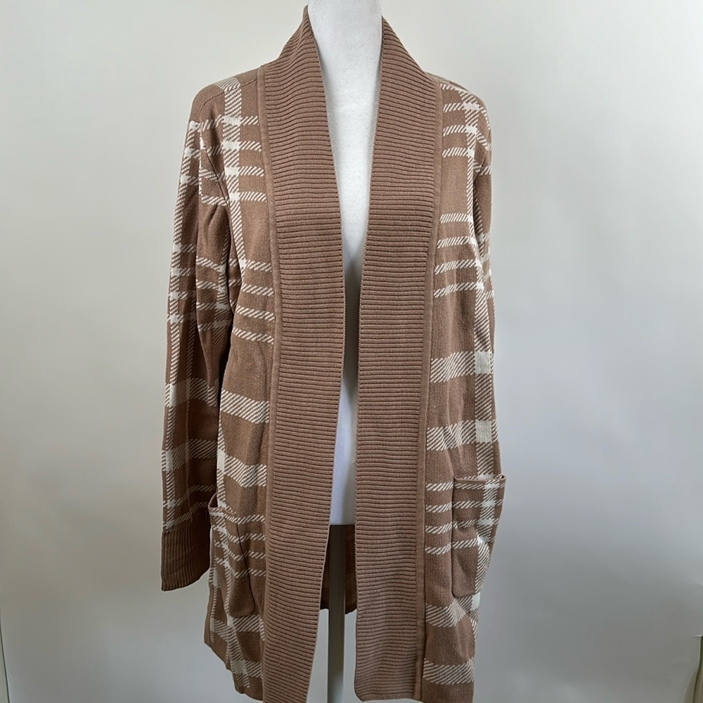 Isaac Mizrahi Lacquard Elbow Sleeve Sweater Open Cardigan Cappuccino Plaid XS